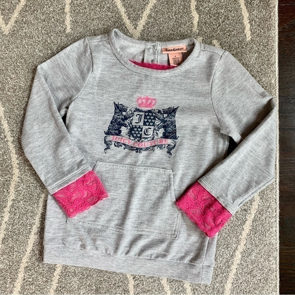 Juicy Couture Terry Cloth Gray Long Sleeve Top w/ Hot Pink Lace Accents Size 5